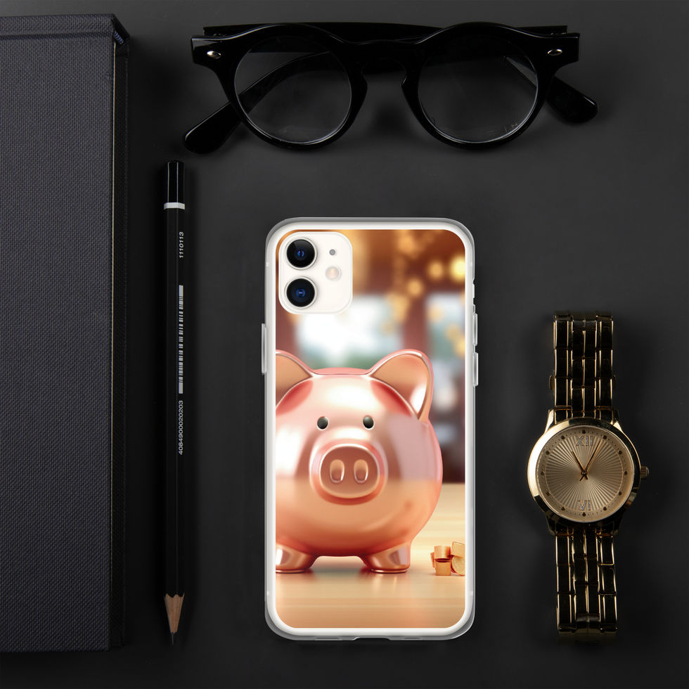 Golden Fortune clear iPhone case on a black desk beside glasses and a watch with a shiny piggy-bank figure in the foreground.