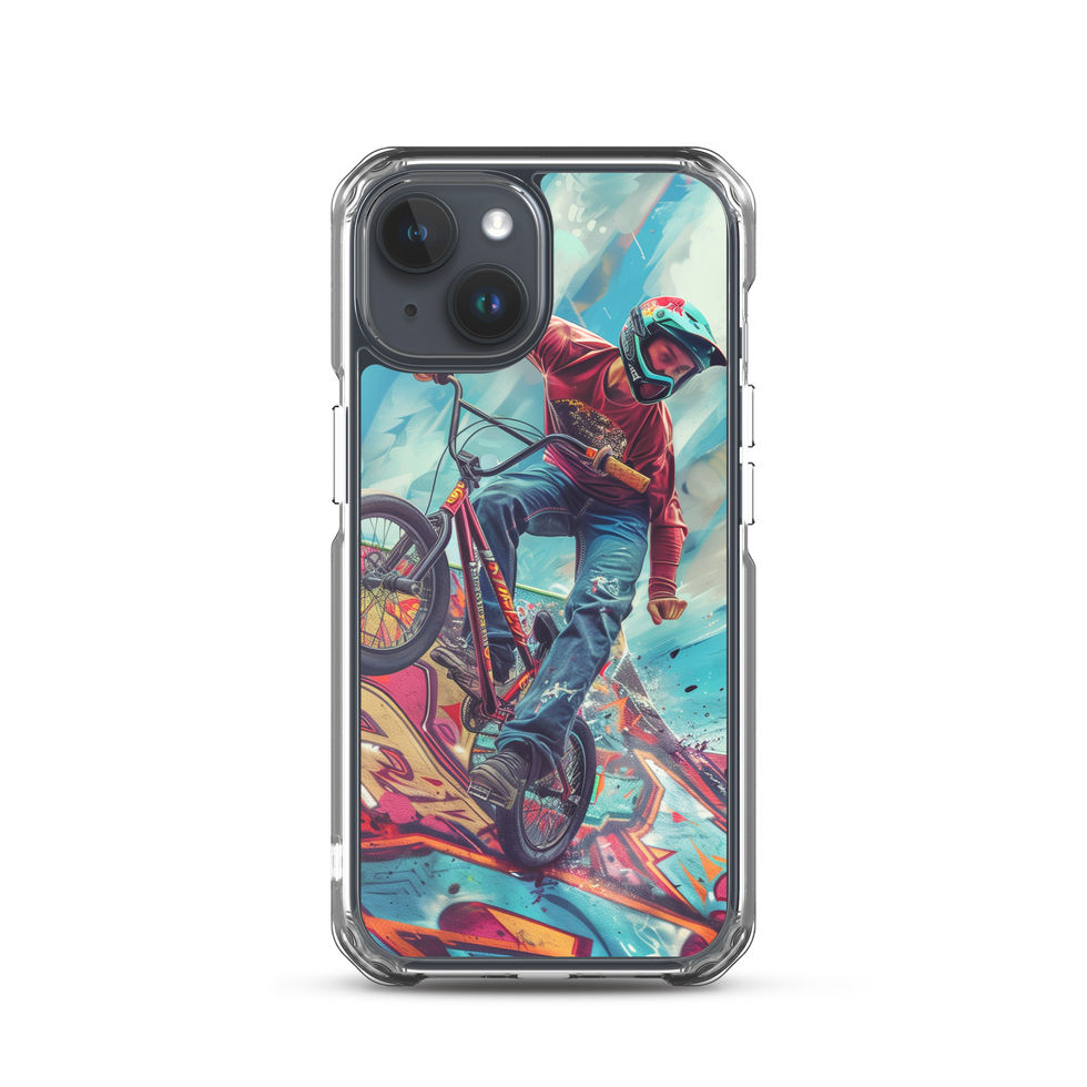 Ramp Rebel Clear case for iPhone 15, red-jacketed BMX rider and graffiti, phone beside case on white