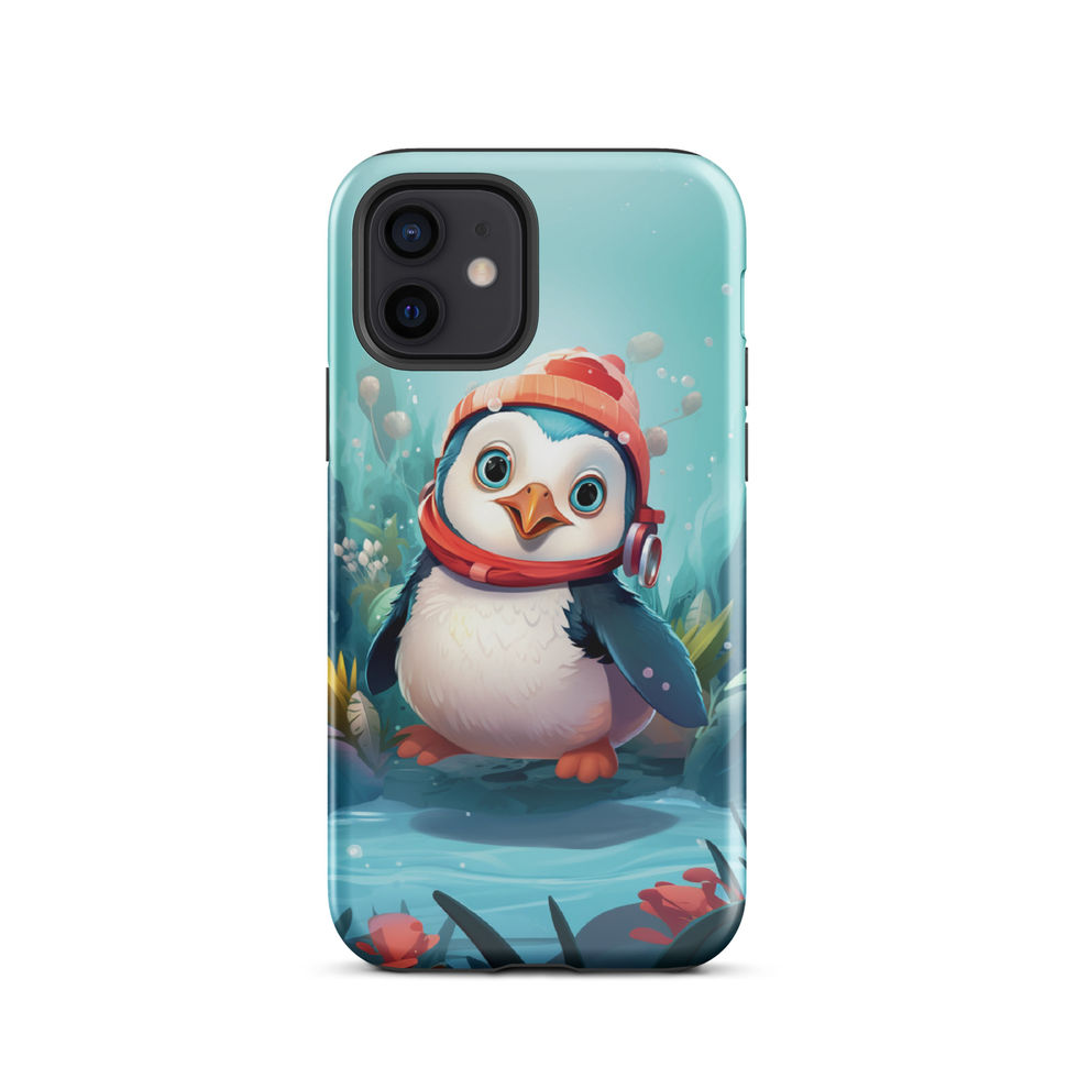 Aquatic penguin-mockup-06 showing Aqua Explorer artwork on an iPhone tough phone case