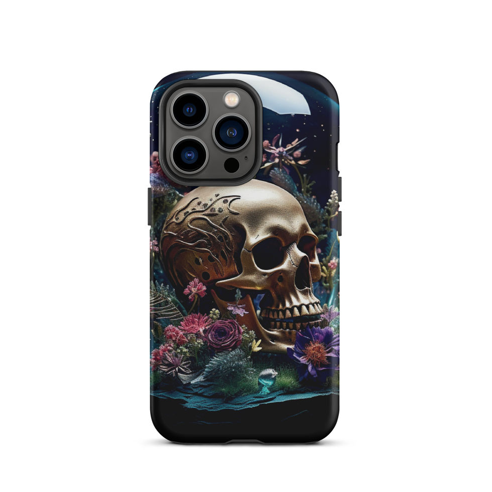 Gilded Veil tough iPhone case showing shadowed eye socket in a gilded skull