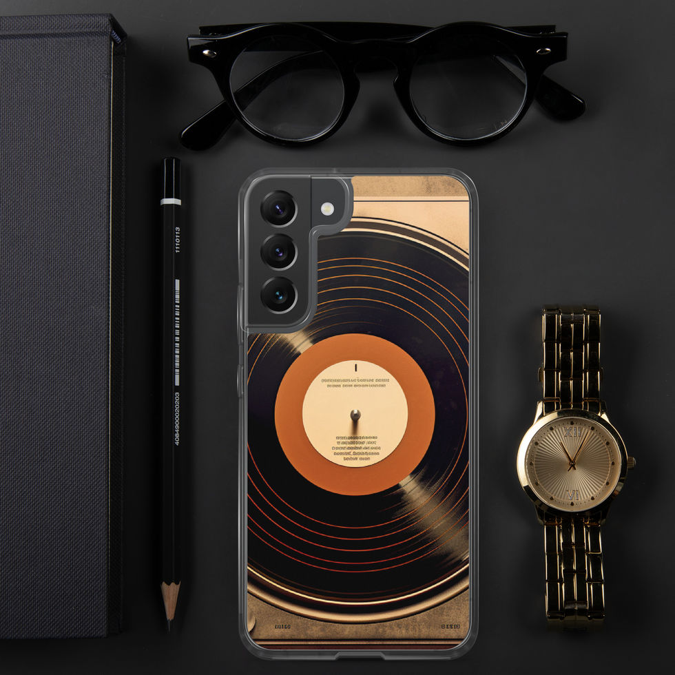 Vintage Vibes clear Samsung phone case upright mockup with the screen facing away, image 17.