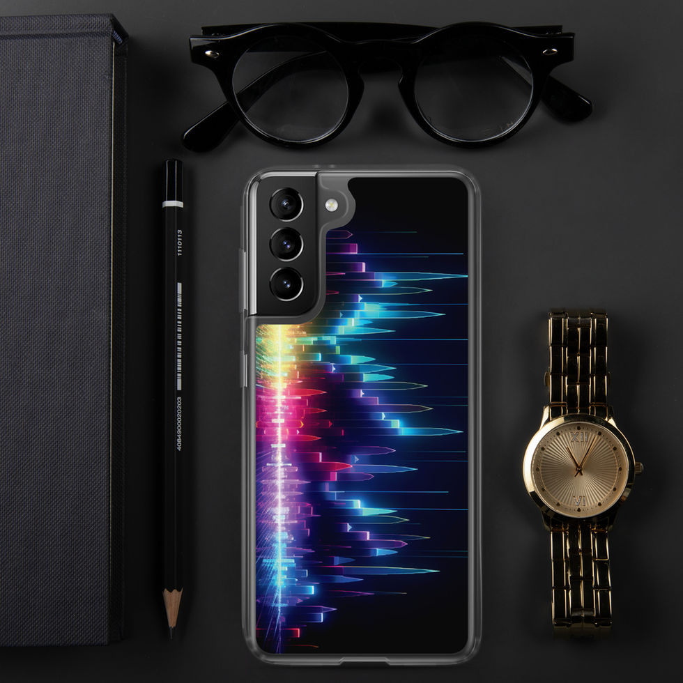 Neon Beatline clear Samsung case angled rear view in a dark studio desk, featuring the glowing skyline and beatline artwork.