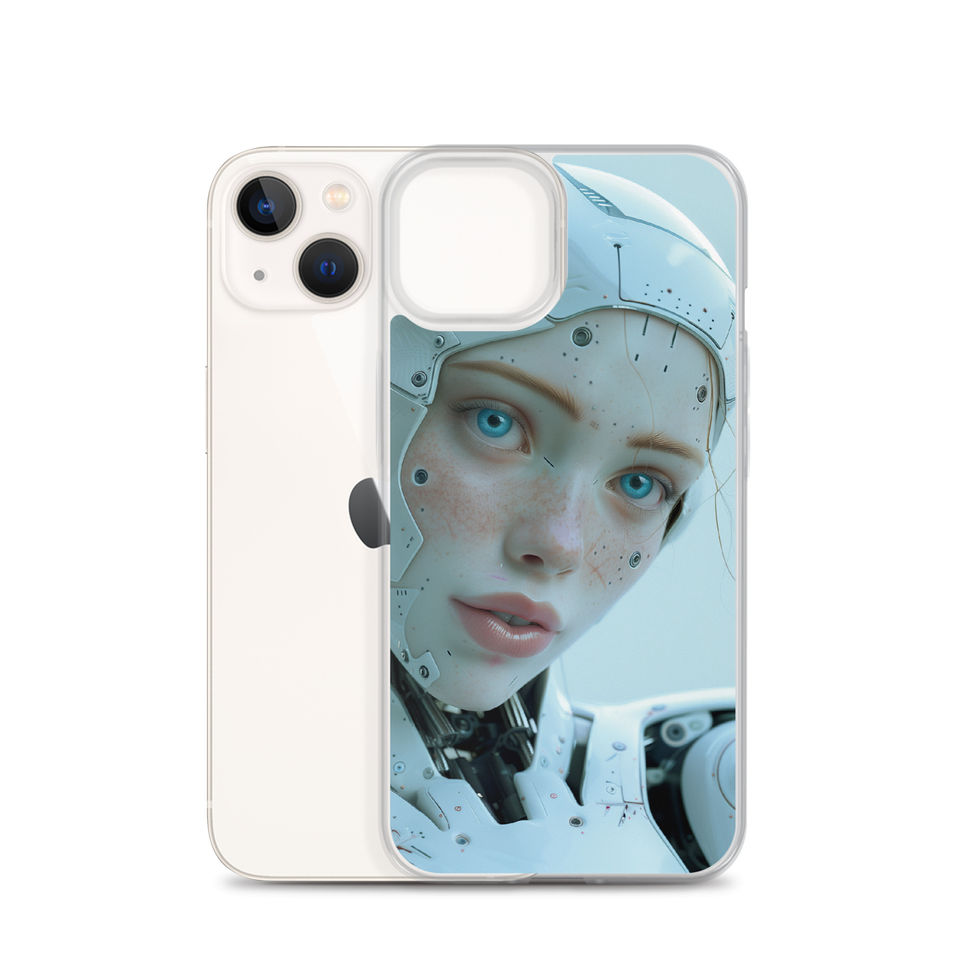 Serene futuristic android portrait with icy blue eyes for iPhone – close-up artwork detail