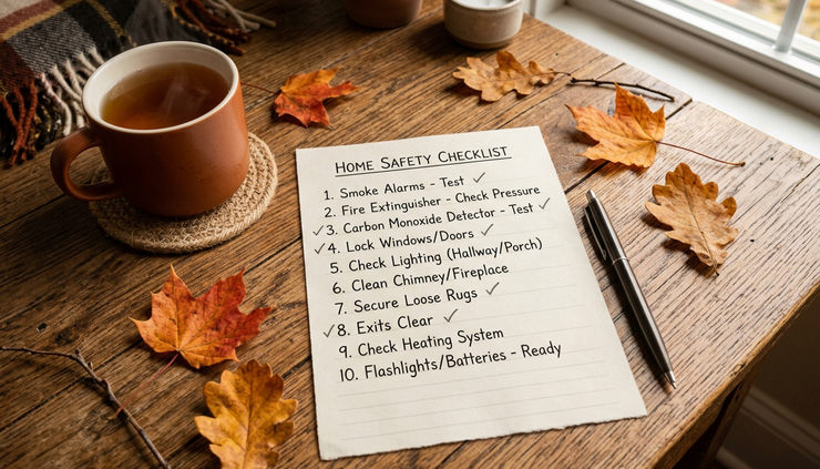 Overhead view of a simple fall home safety checklist on a kitchen table with leaves nearby.