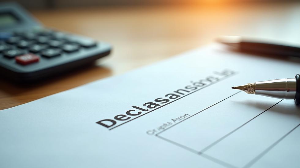 Plano detalle de un formulario de declaración de la renta con calculadora y bolígrafo