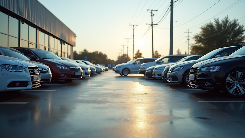 Eye-level view of a used car dealership lot with various vehicles neatly parked