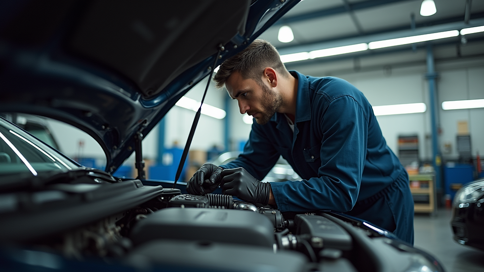 Close-up view of a mechanic inspecting a car engine in a well-lit garage