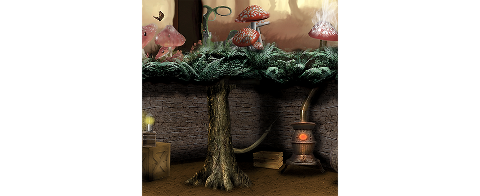 an underground hideaway with a stove and candle