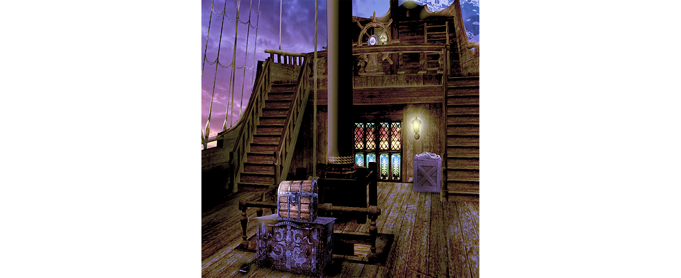 the deck of a pirate ship with a treasure chest and ship's wheel