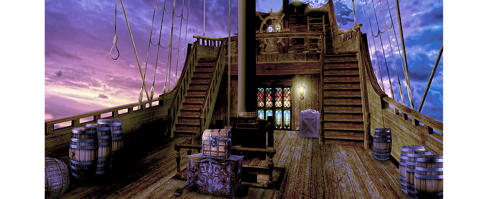 the deck of a pirate ship with a treasure chest, barrels of supplies and ship's wheel