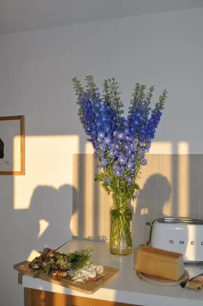 Lavender blooms in a vase on a counter in the kitchen of a luxury retreat home in the South of France.