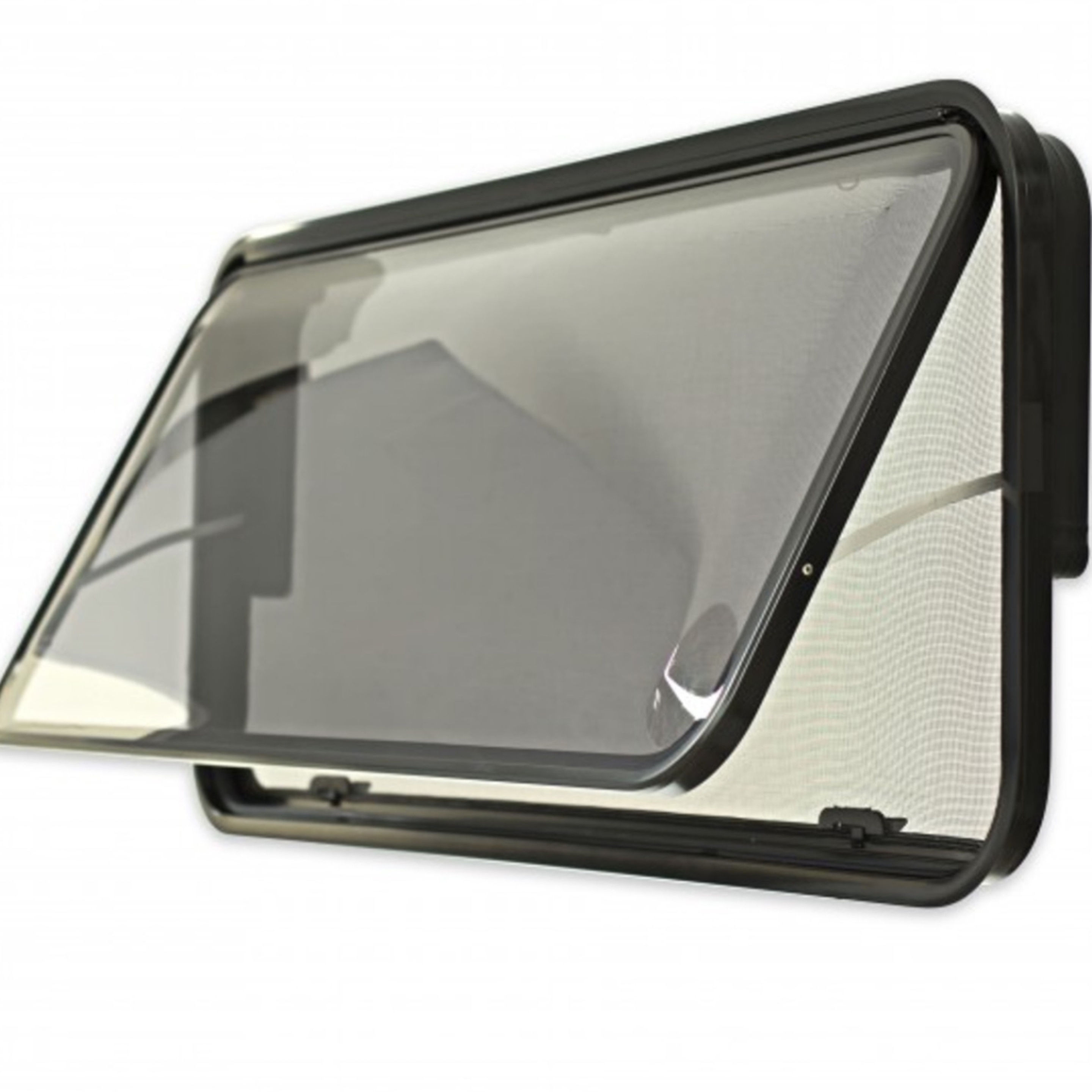 565 h x 1175 w Odyssey Plus Caravan Window - Black Frame , with 29mm Clamp