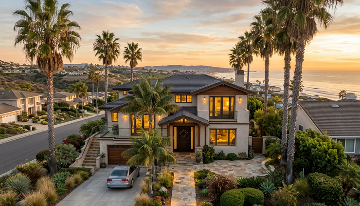 Wide-angle view of a warmly lit coastal home in North County San Diego during the holidays