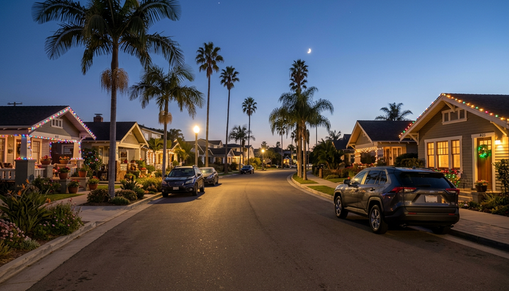Eye-level view of a quiet residential street near the coast with holiday lights and palm trees