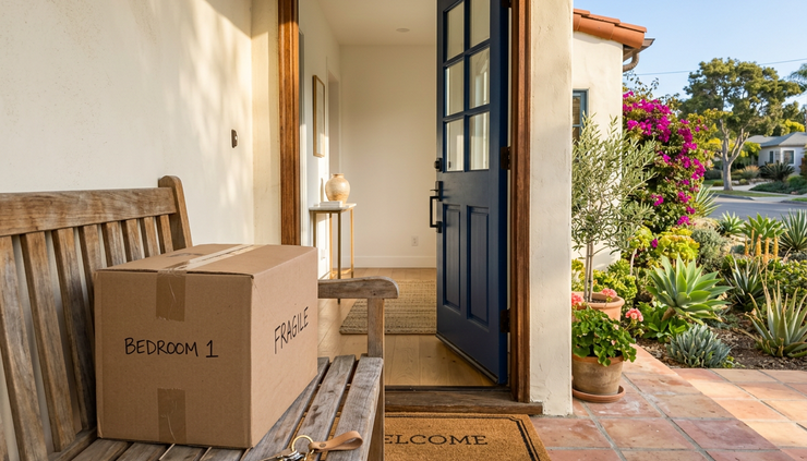 Eye-level view of a moving box and house keys near a sunny front entry.