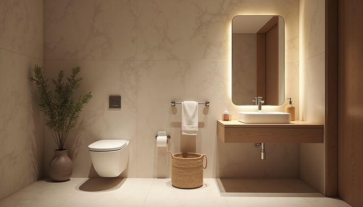 High angle view of eco-friendly bathroom fixtures including low-flow toilet and LED lighting