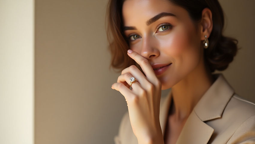 Mujer elegante mostrando un anillo de compromiso de oro Amarillo 18k con diamante, fotografía editorial para joyería ubicada en Vitacura, Santiago de Chile. Colección joyastore.