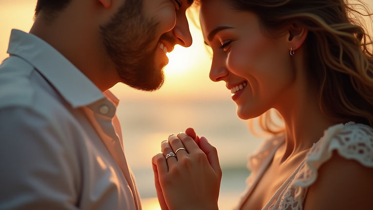 Pareja sonriente frente a frente uniendo sus manos, símbolo de amor y compromiso con argollas de matrimonio