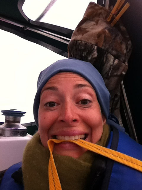 Sanaz in the sailboat galley during rough offshore weather