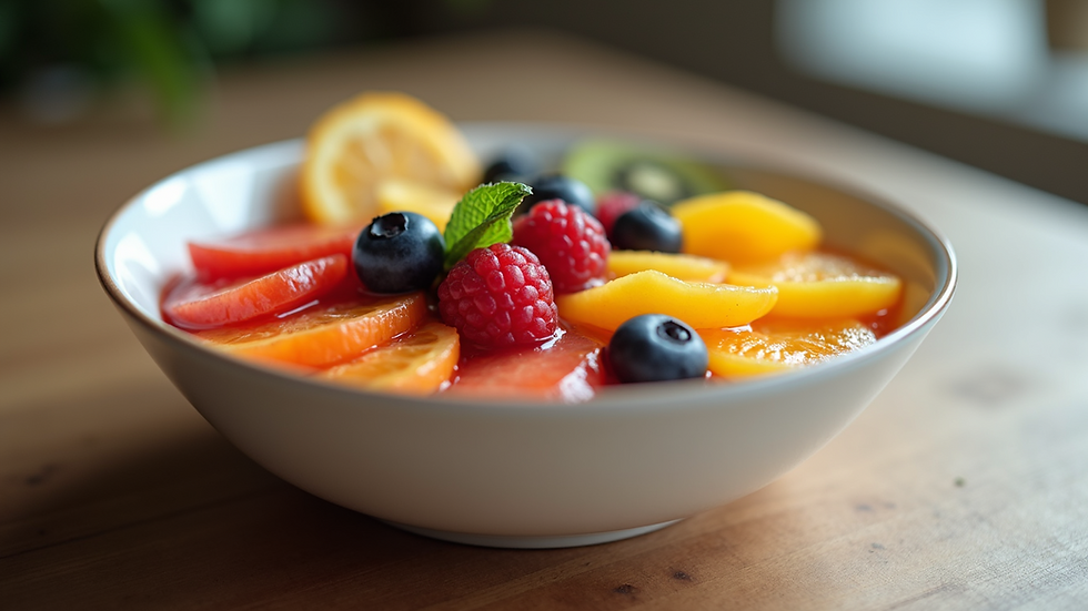 Eye-level view of a healthy breakfast bowl with colorful fruits