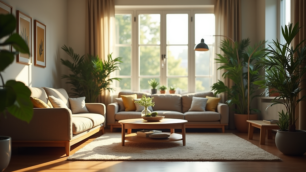 Eye-level view of a cozy living room filled with plants and soft lighting
