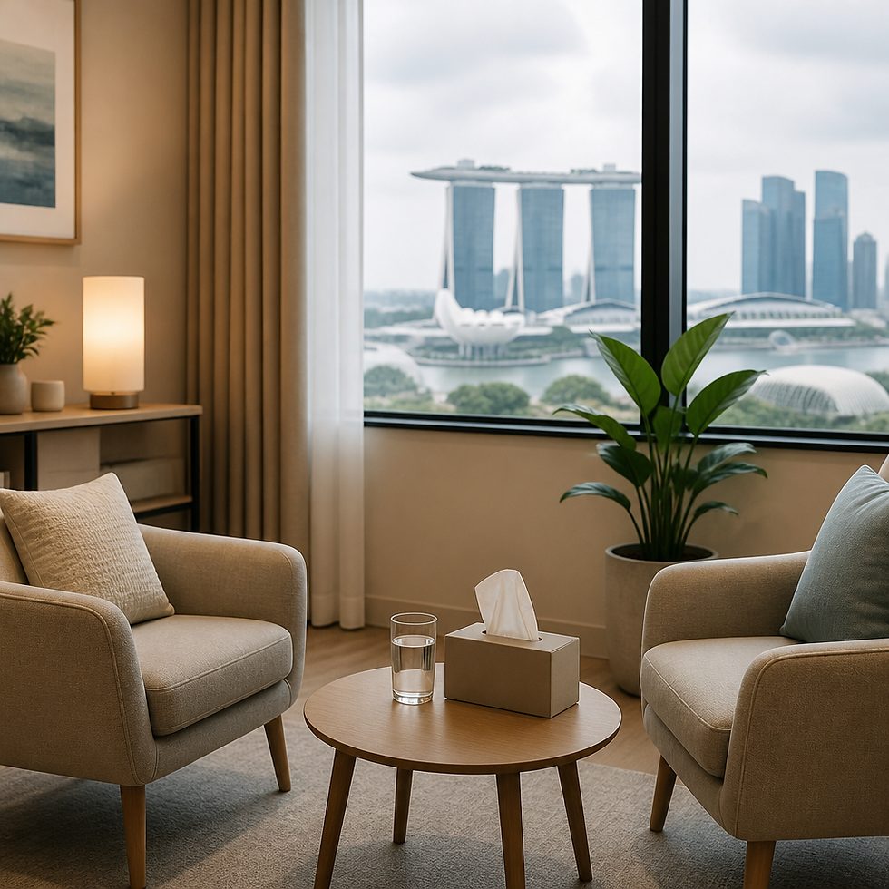Bright counselling room in Singapore with two armchairs and a low table, a space for couples seeking marriage counselling.
