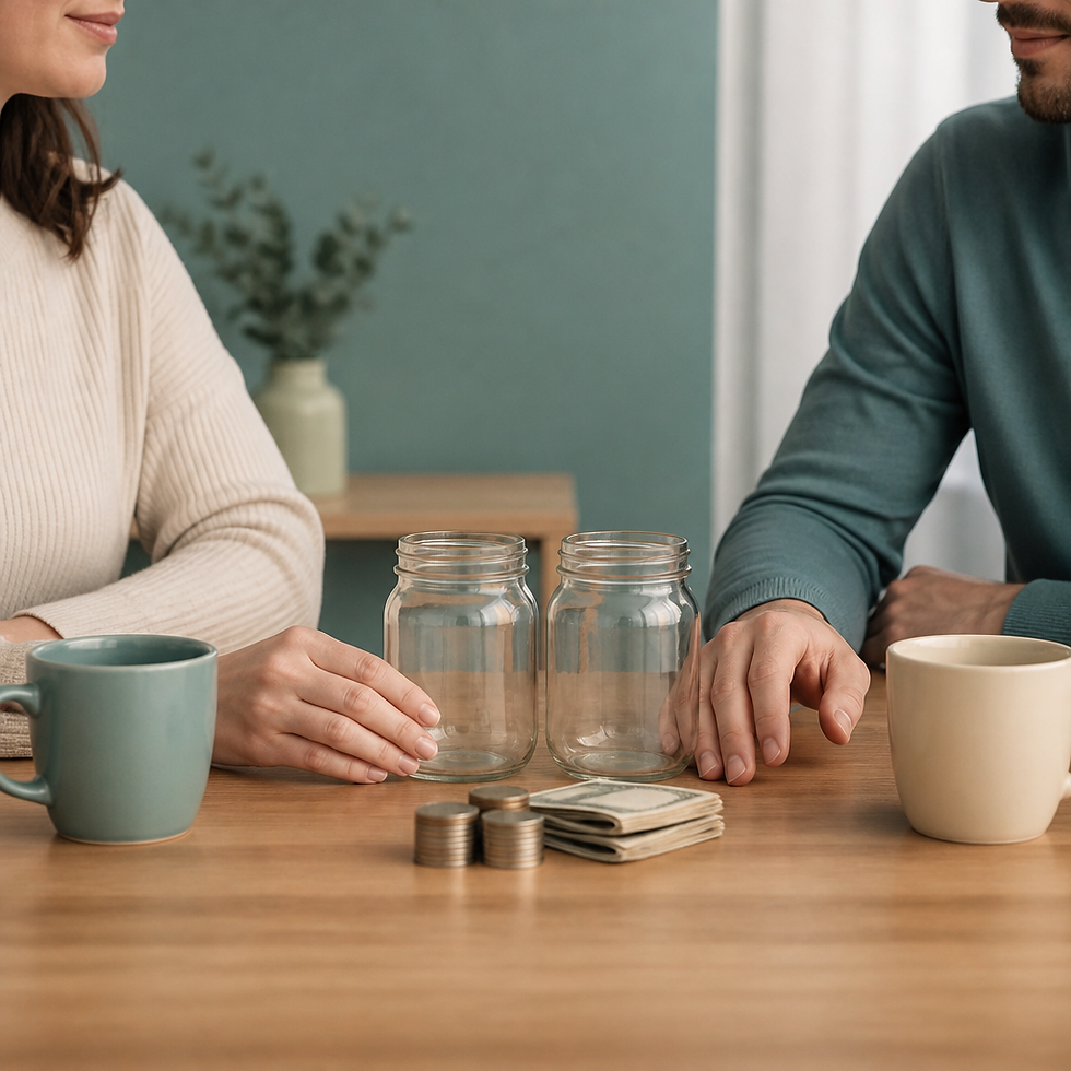 Two savings jars and coins on a table between two coffee mugs, showing how couples can split bills and savings fairly.