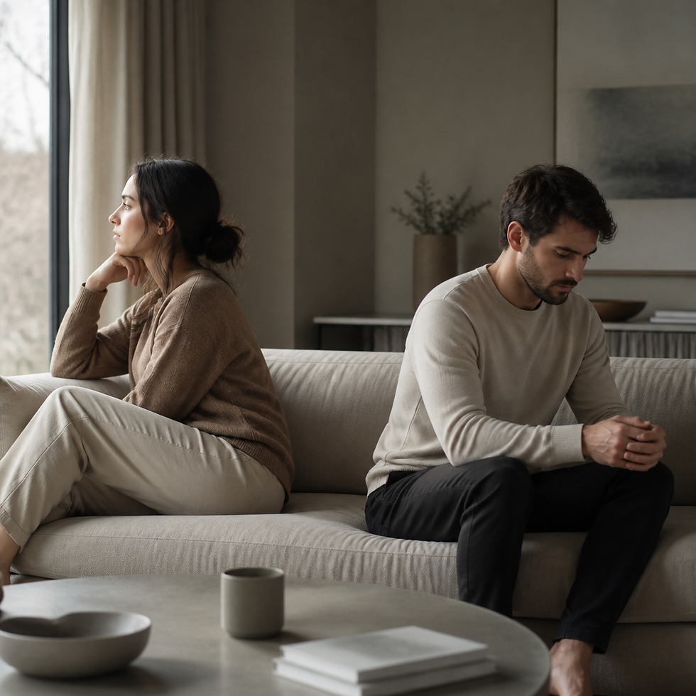 Couple sitting apart on a sofa, illustrating emotional distance despite physical closeness