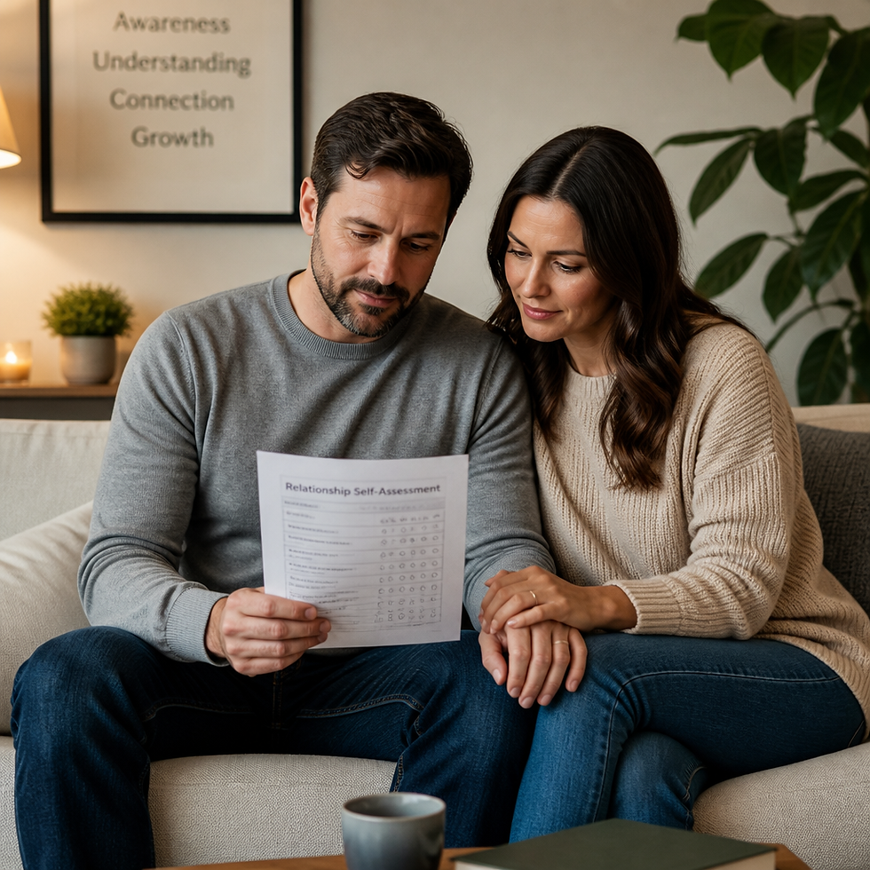 Couple reviewing a relationship assessment questionnaire together in a counseling office