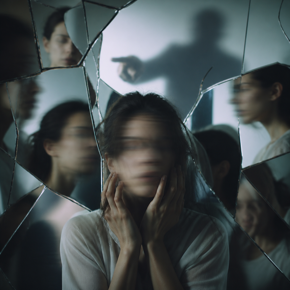 Visual of blurred faces and mirrors symbolizing confusion from gaslighting in relationships.