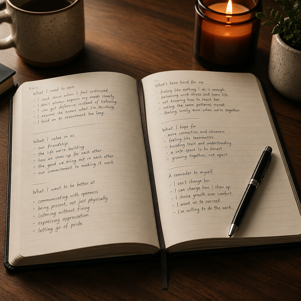 An open journal with handwritten notes representing self-reflection for relationship coaching