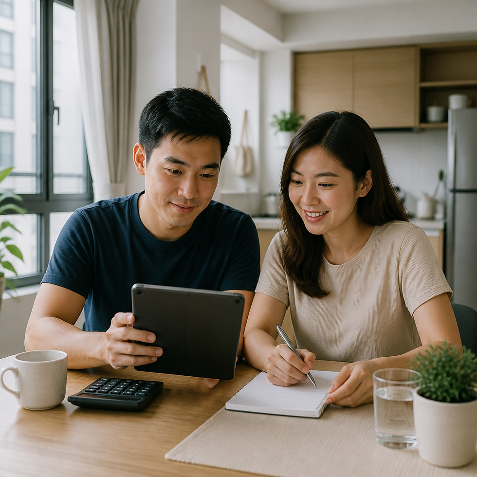 Couple in a Singapore HDB kitchen reviewing a household budget together to talk about money without arguing.