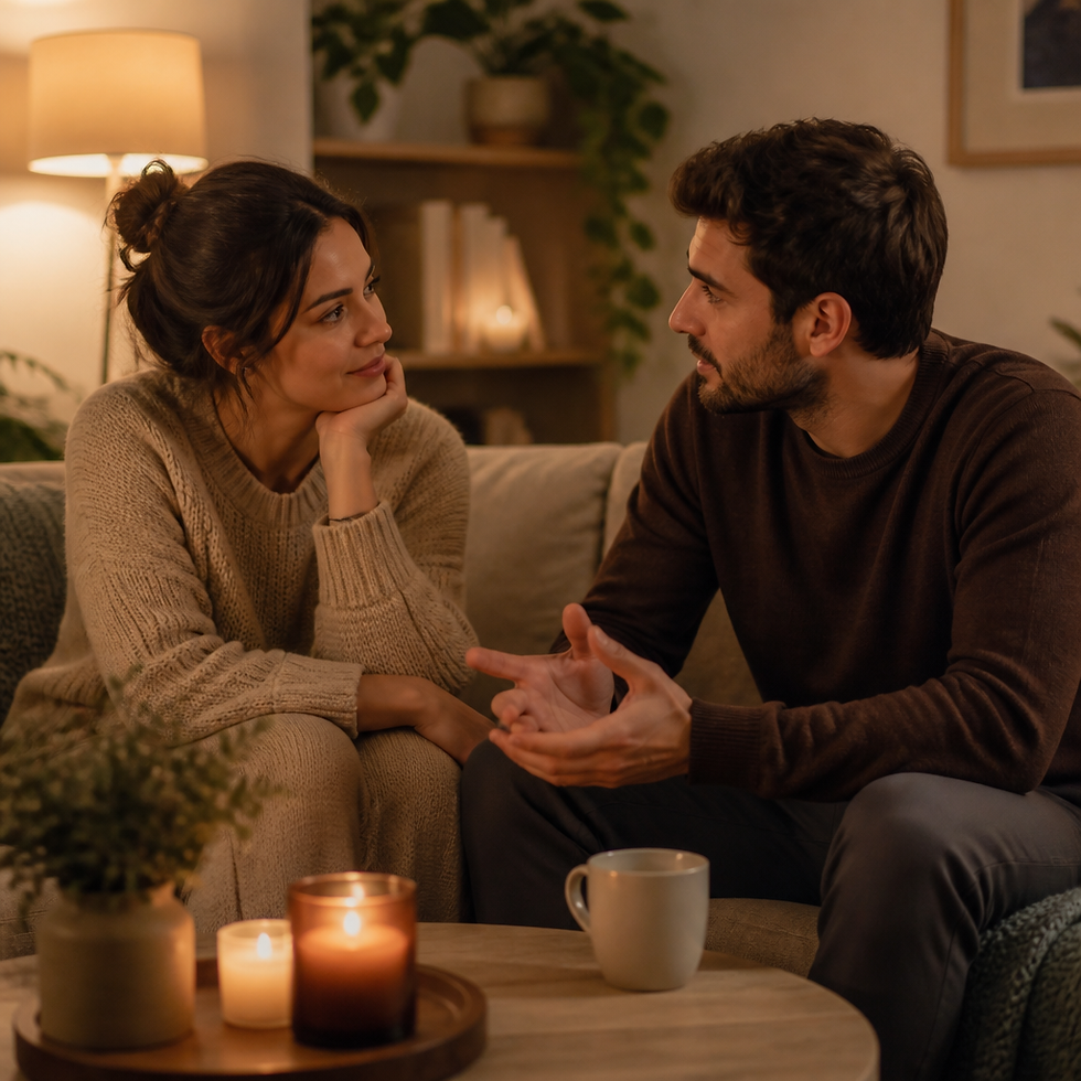 Couple engaging in a serious conversation about their relationship in a warm setting.