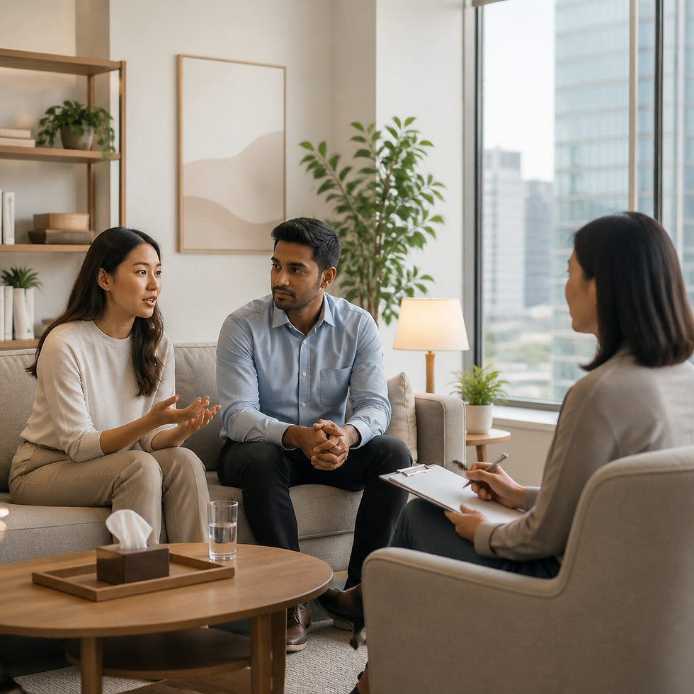 A couple from different cultural backgrounds meeting with a marriage counselor in a modern Singapore therapy office