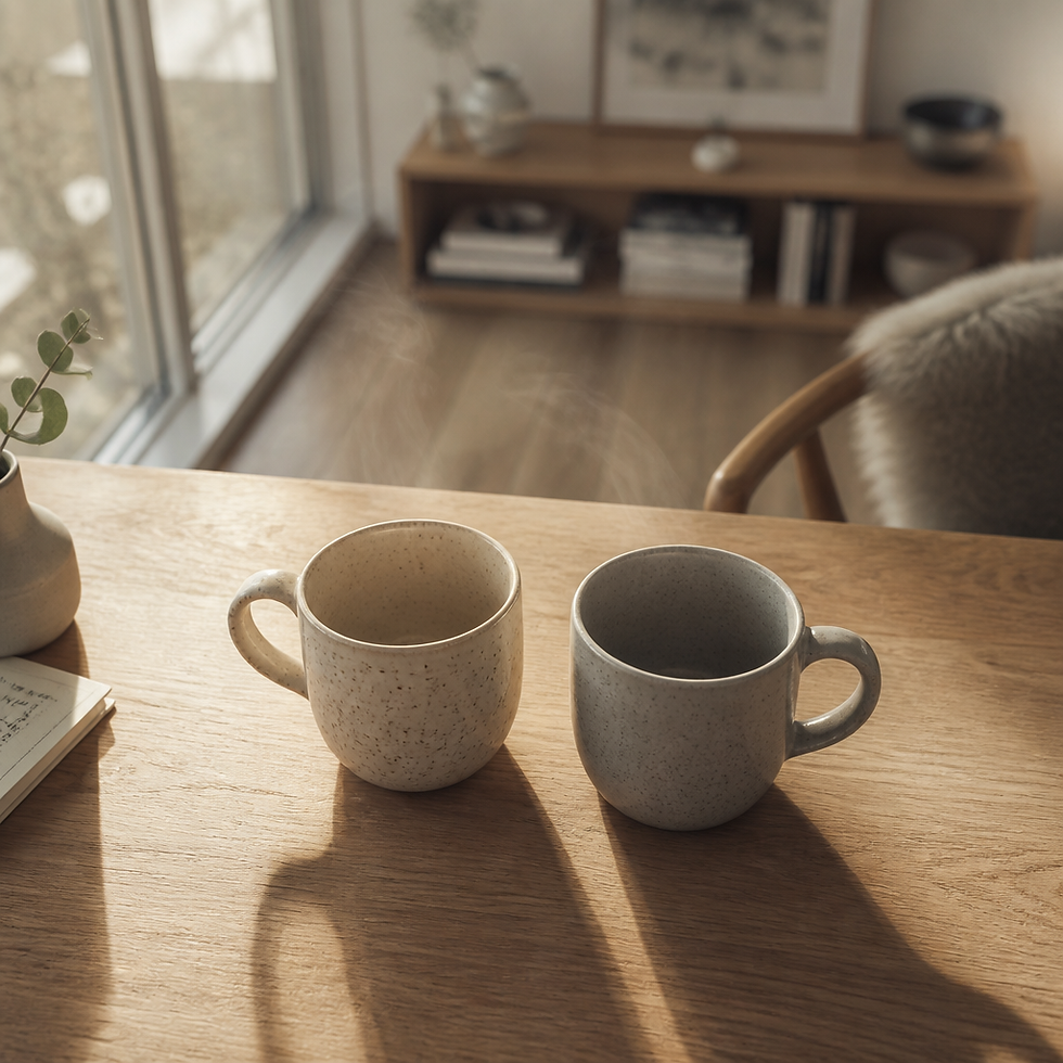 Two ceramic mugs with steam on a wooden table in natural light, symbolizing intimate conversation