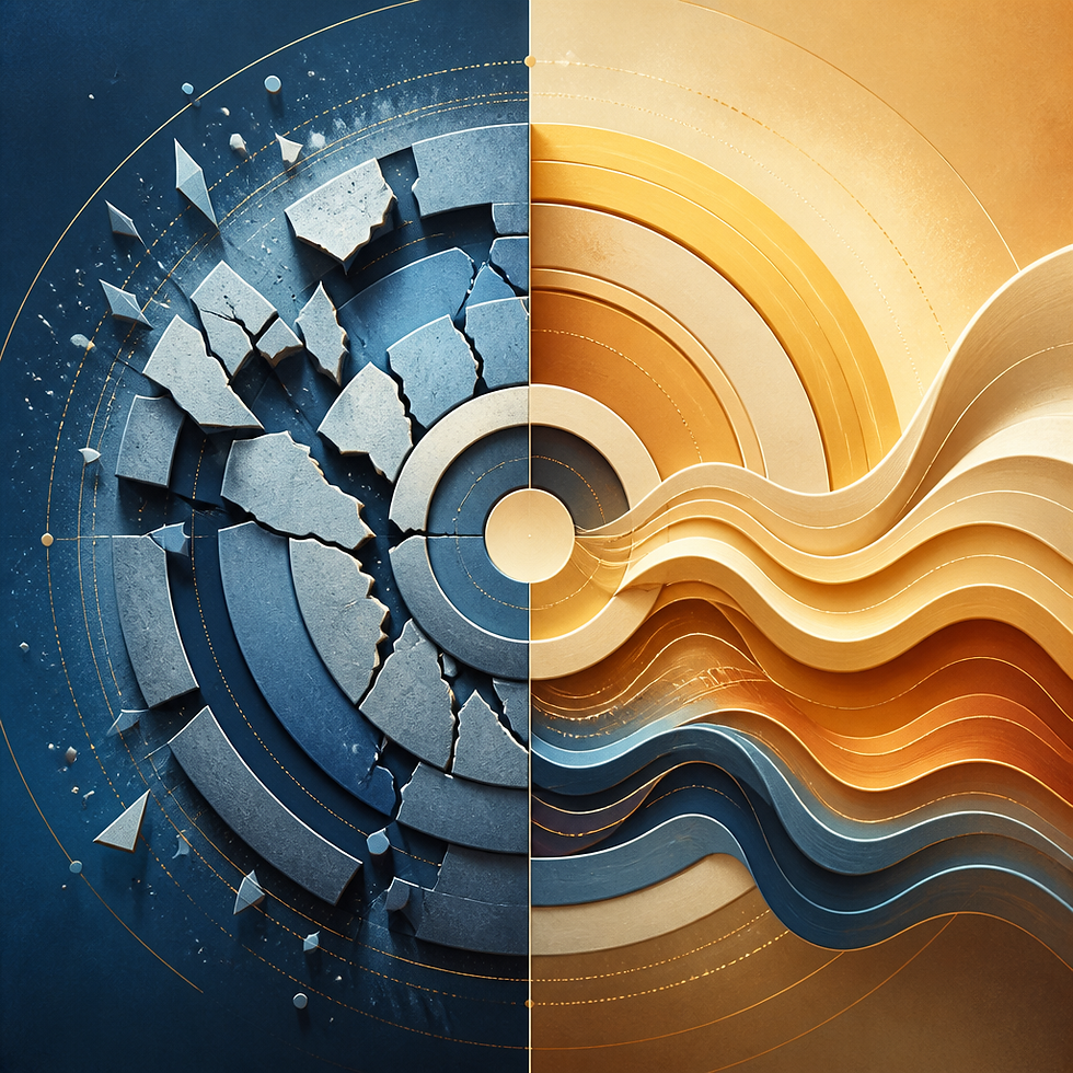 Geometric patterns transitioning from fragmented to flowing, illustrating the shift from blame cycle to renewed connection