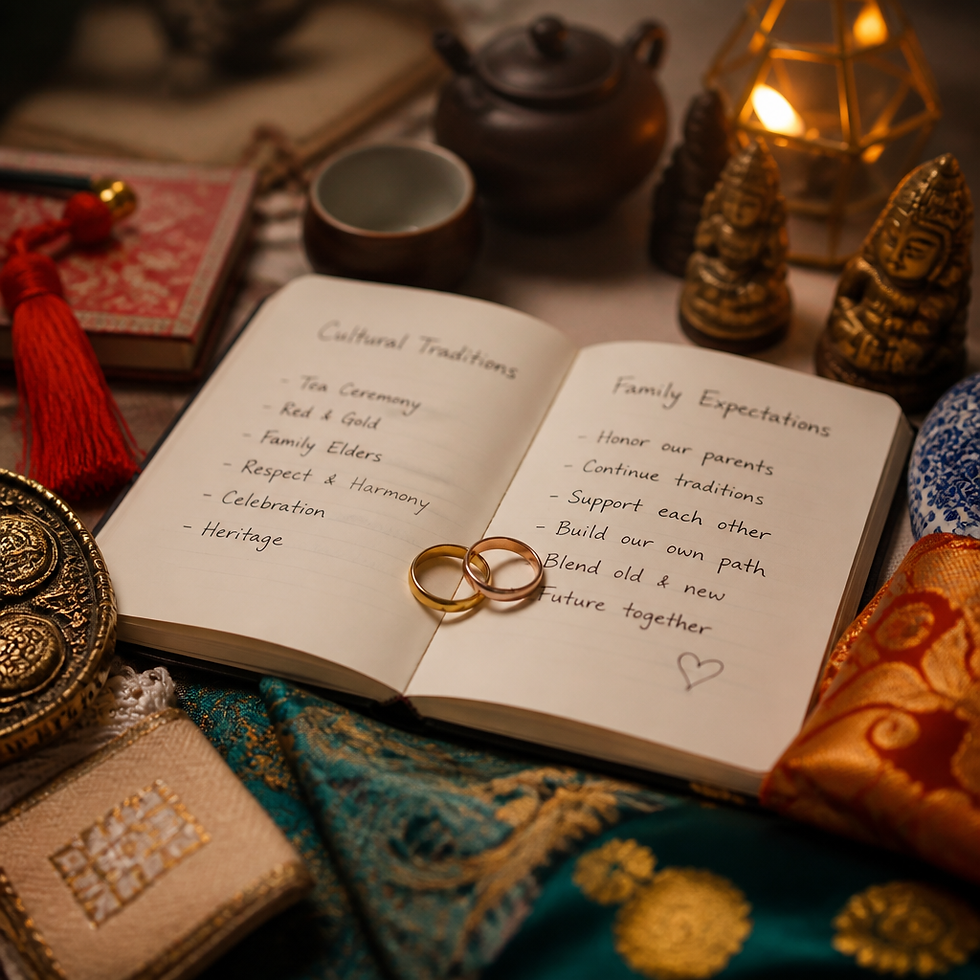 Wedding rings and journal notes representing the blending of different cultural traditions in multicultural marriage