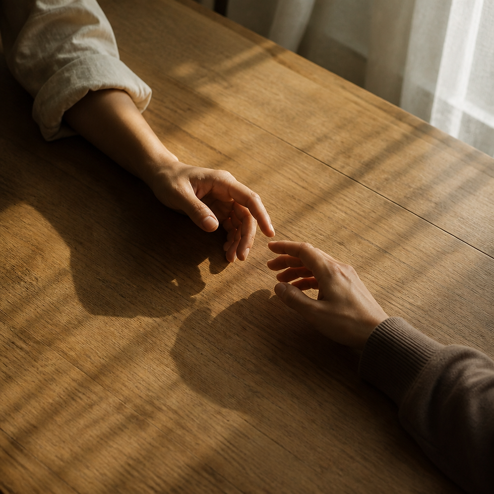 Two hands on a table with a gap between them, bathed in soft natural light