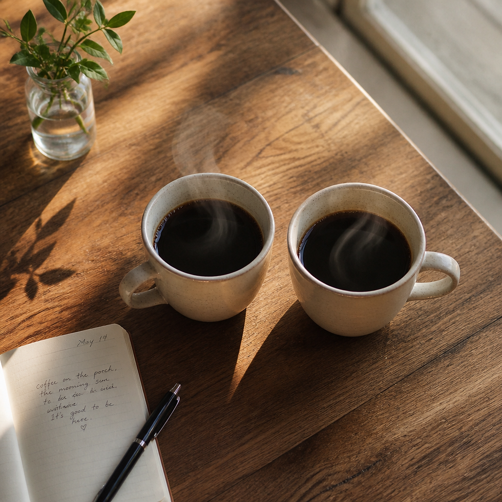 Two coffee cups on a wooden table in morning light, representing morning connection rituals