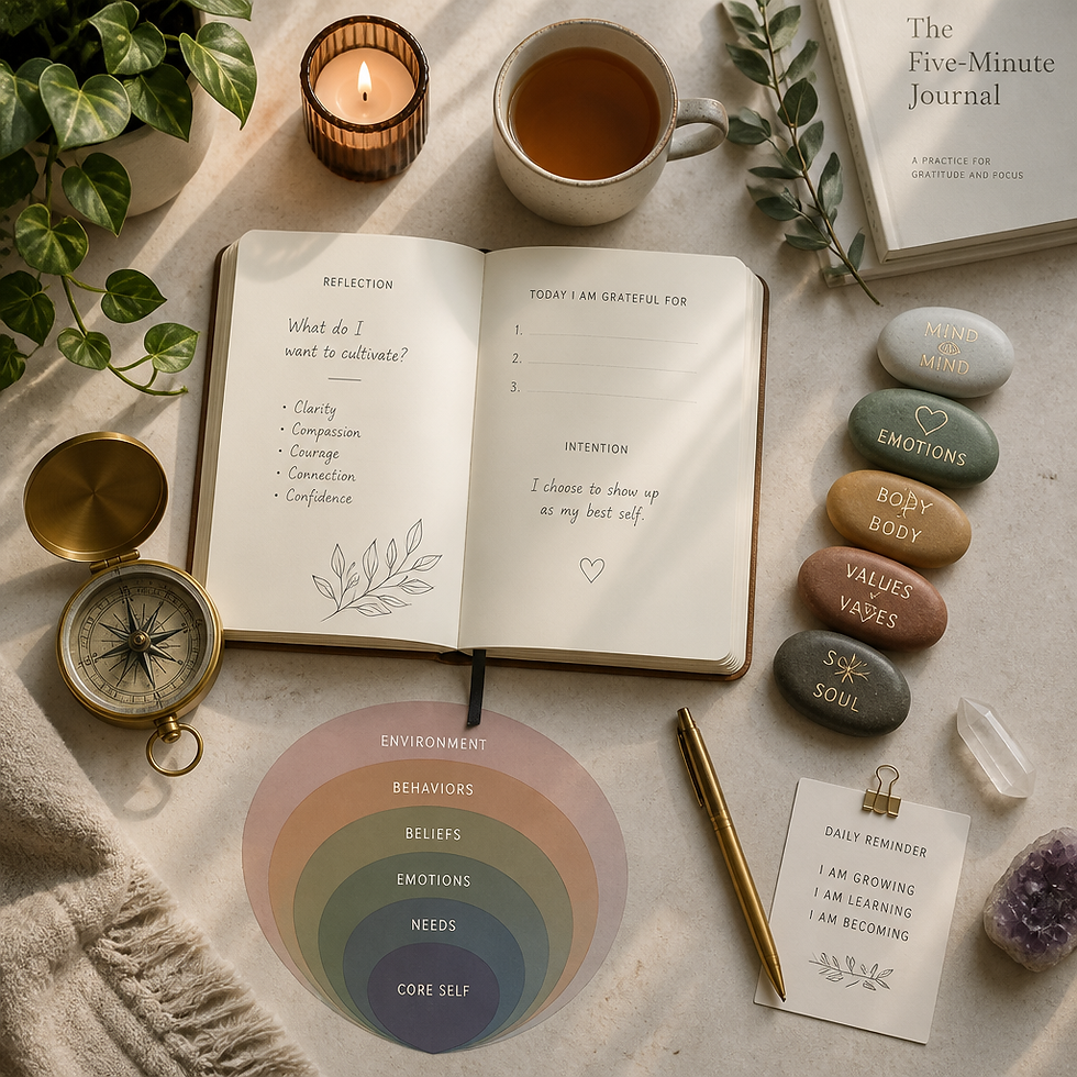 Flat-lay composition of personal development tools and symbols including journal and geometric shapes
