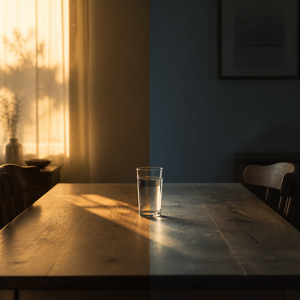 Split-lit dining table with a glass of water, symbolizing distance and reflection in relationships