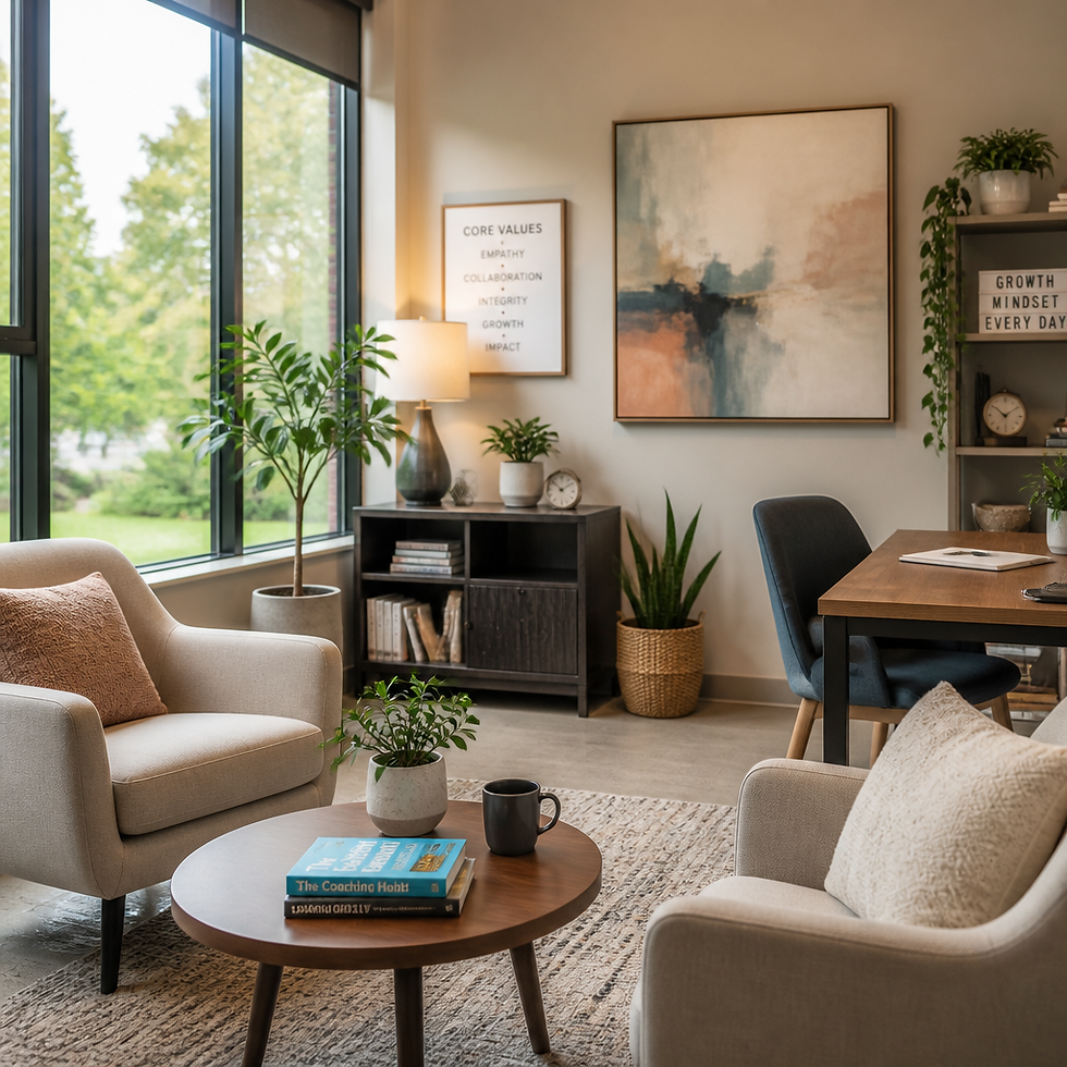 Modern coaching workspace with natural light, comfortable seating, and plants