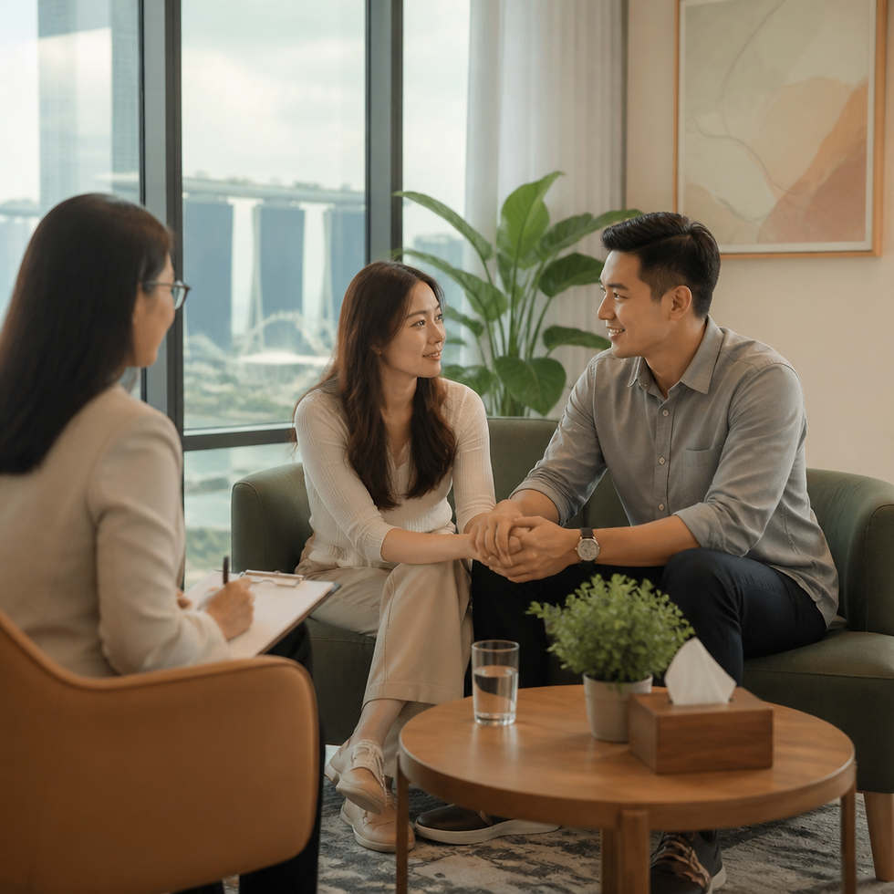 Couple in a relationship counseling session with therapist in Singapore office