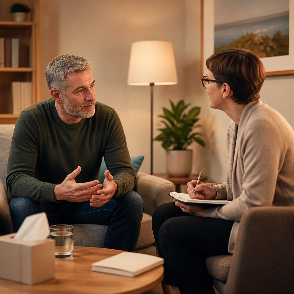 Couple engaged in meaningful conversation and emotional reconnection in a therapeutic setting