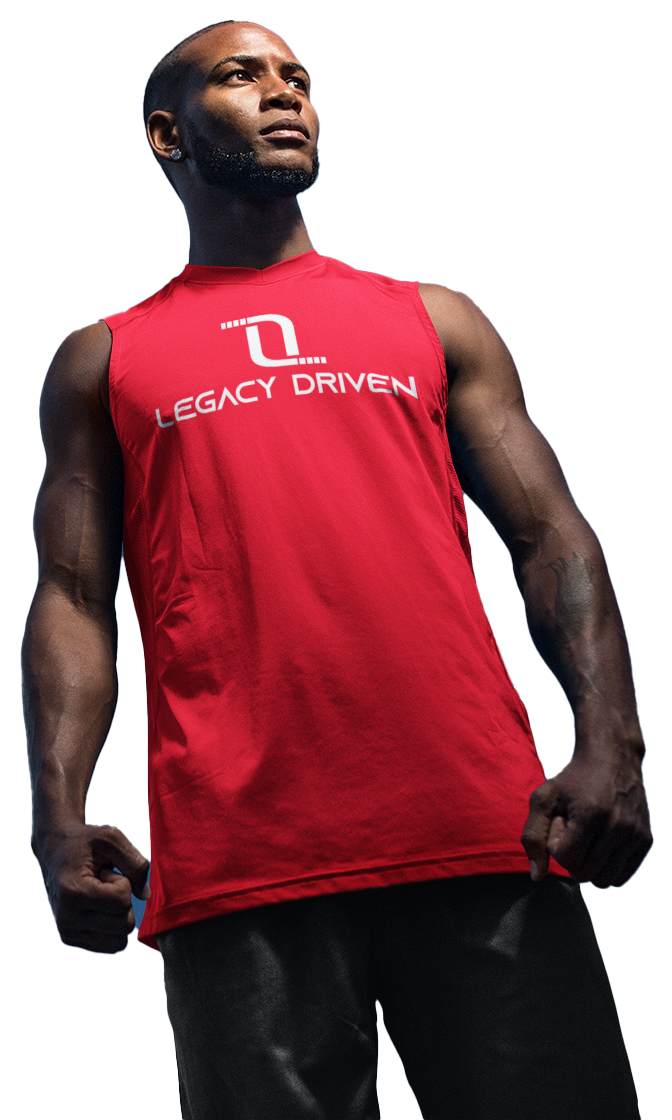 Athletic man in a red Legacy Driven sports tank