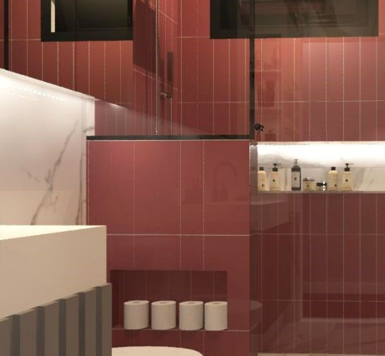 Banheiro moderno. Reforma de banheiro. Banheiro colorido.