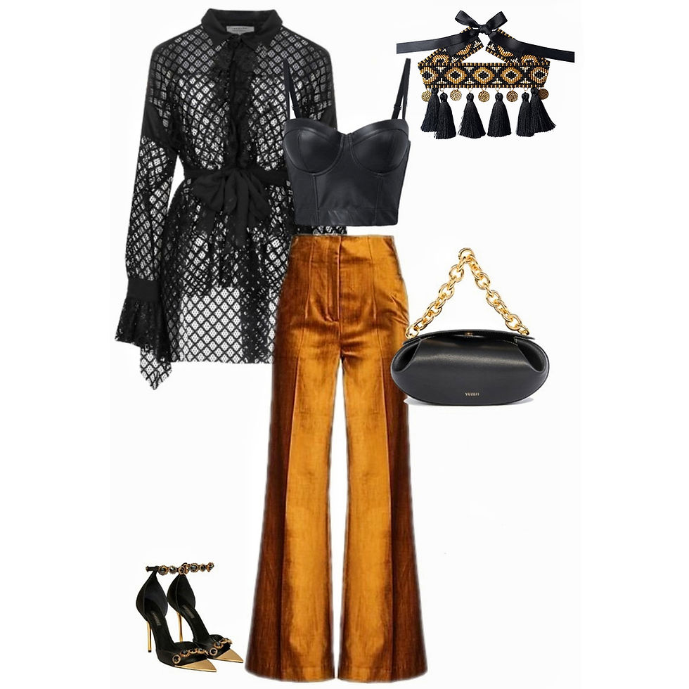 Thumbnail: Necklace with gold trousers, black top, and lace blouse – elegant with rich textures.