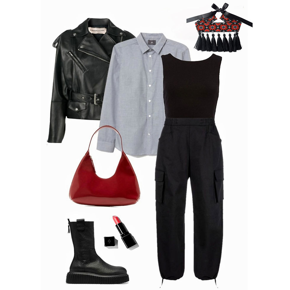 Thumbnail: A casual outfit featuring black cargo pants paired with a black top, a gray button-up shirt, and a leather biker jacket. Acce
