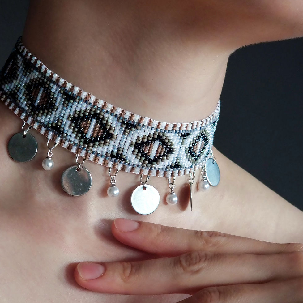 Thumbnail: Close-up of Light Grey Beaded Choker Necklace with Coin Charms highlighting textured beadwork and metal accents.