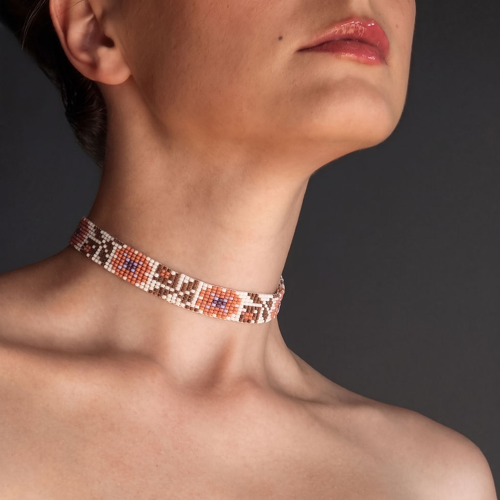Front view of a White Beaded Choker Necklace with Floral Pattern.
